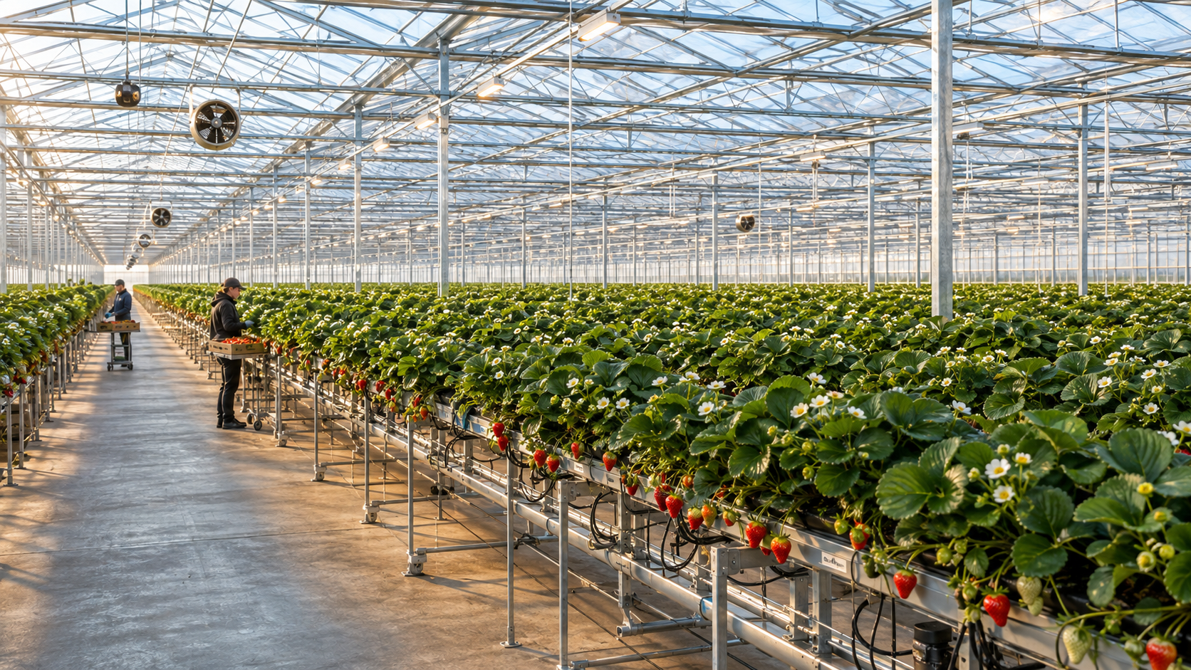 Conceptual interior of a greenhouse with elevated strawberry rows